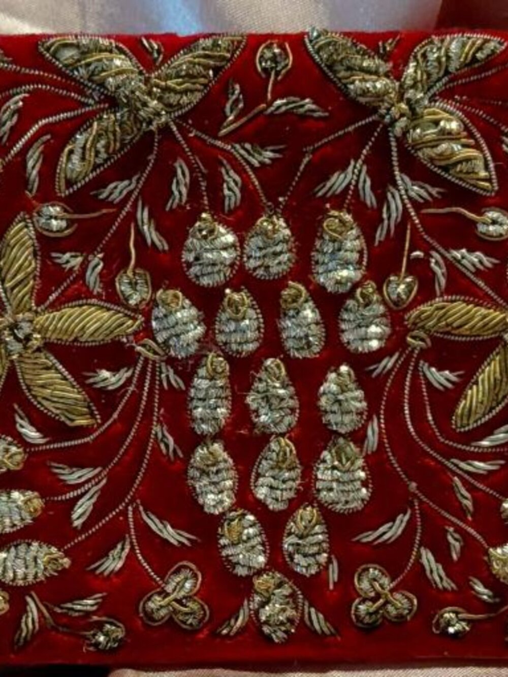 Vintage Maroon Velvet Beaded Clutch with Metallic Embroidery